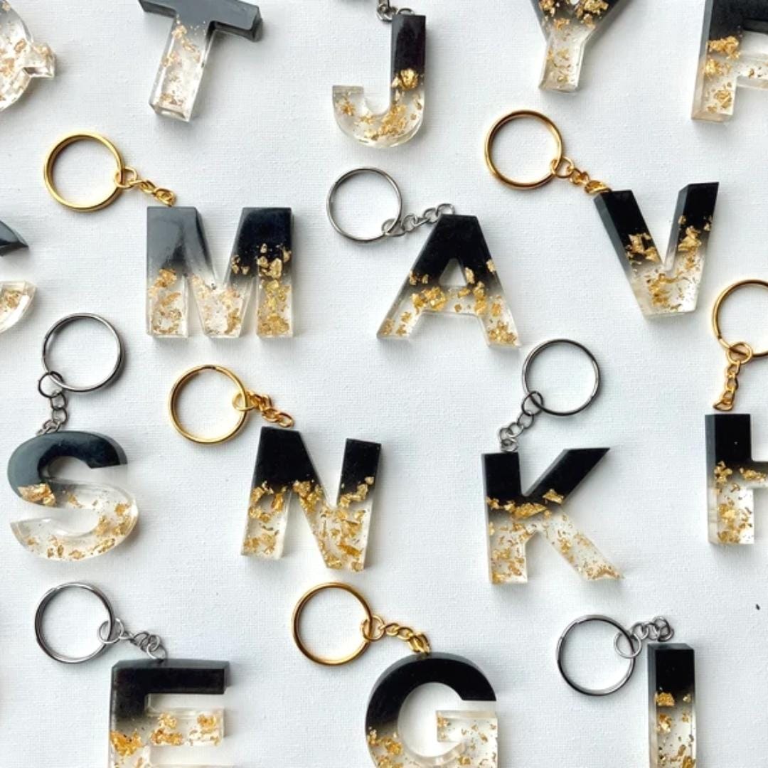 Resin Alphabet Keychain (Black & Gold Flakes)