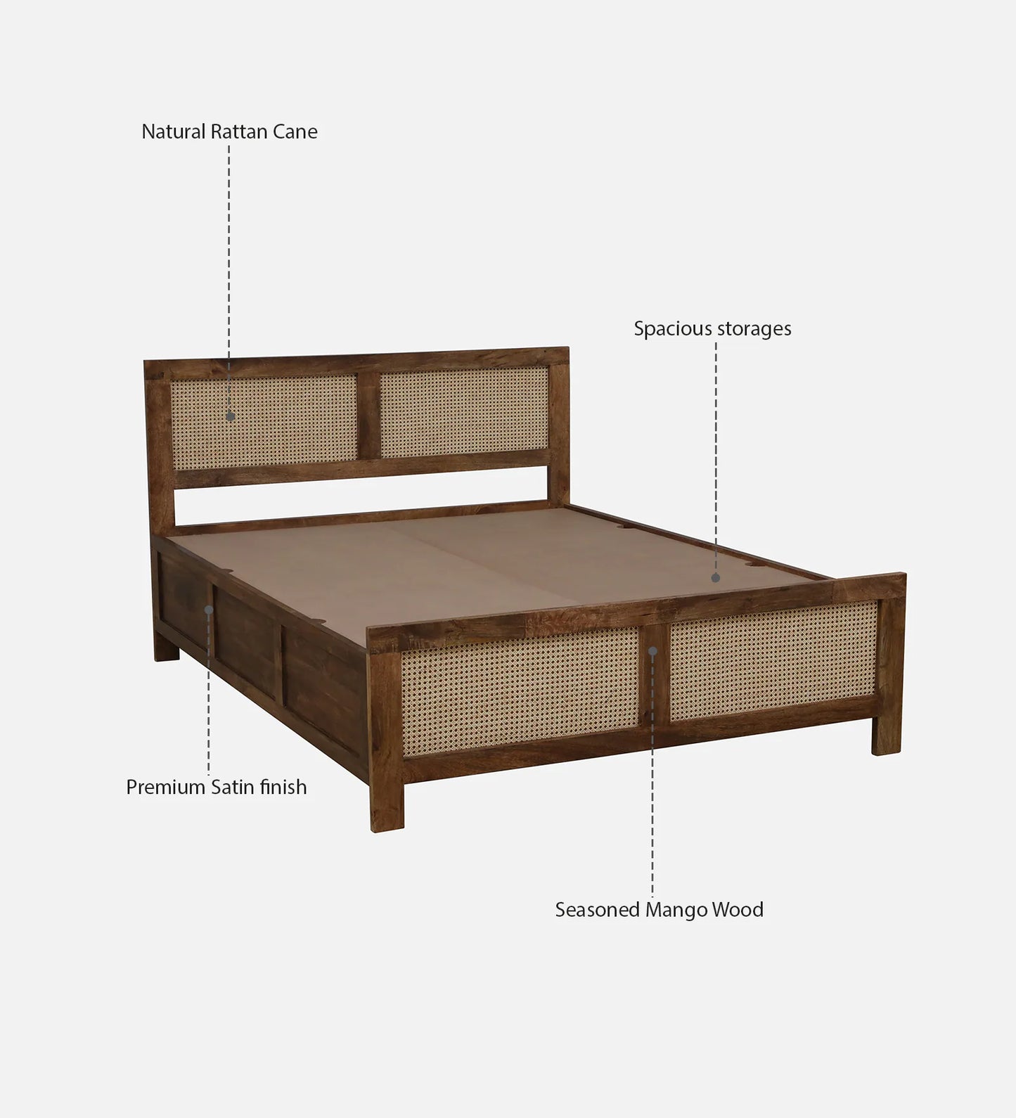 Mango Wood King Size Bed In Rustic Teak Finish With Box Storage