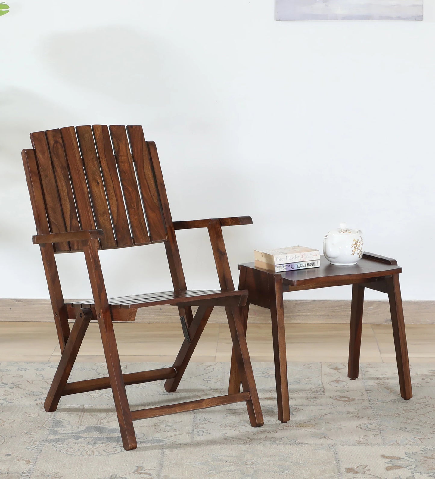 Sheesham Wood Folding Chair In Provincial Teak Finish With End Table