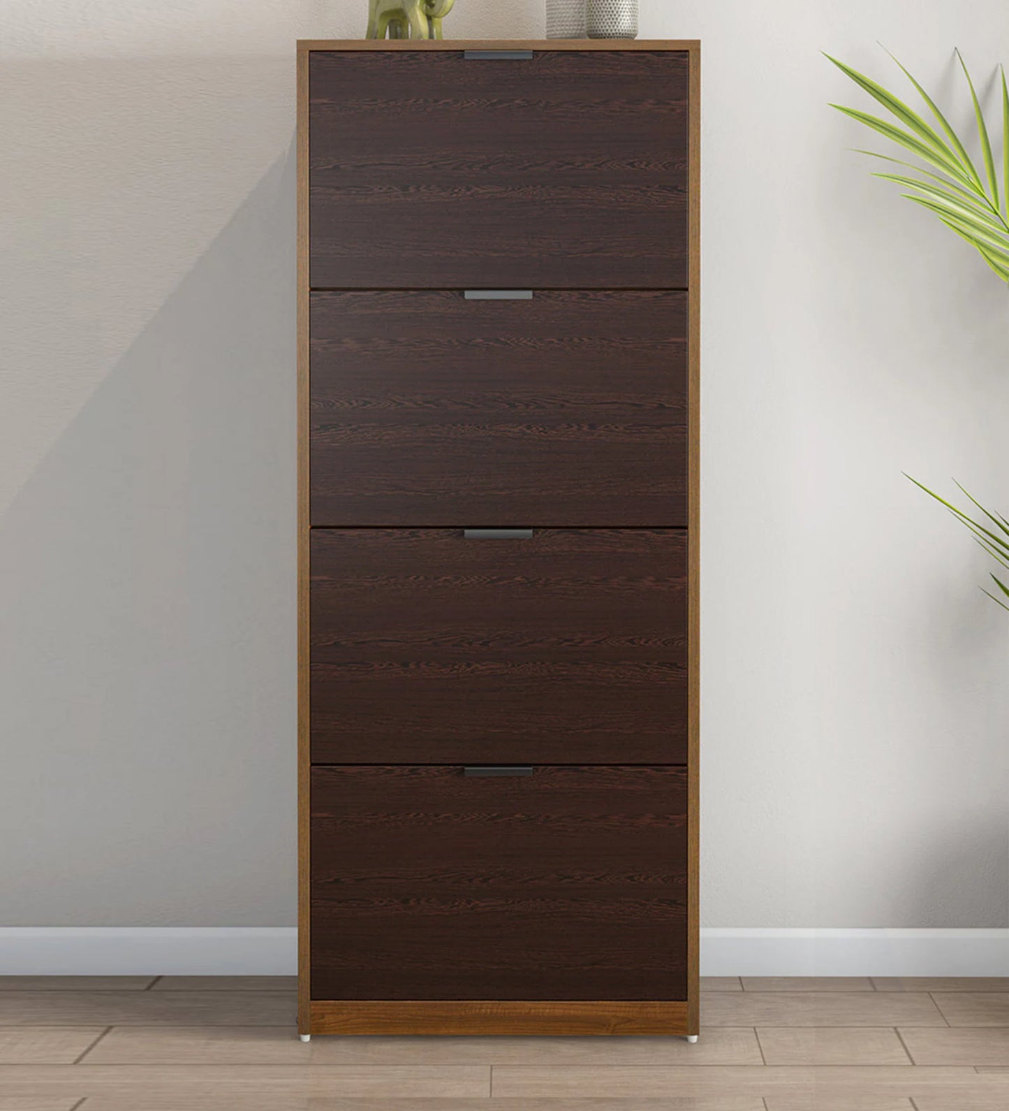 4 Tier Tilt Out Shoe Rack in Walnut and Wenge Finish