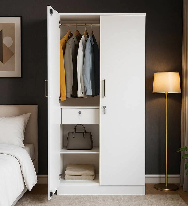 2 Door Wardrobe In Off White Finish With Drawer