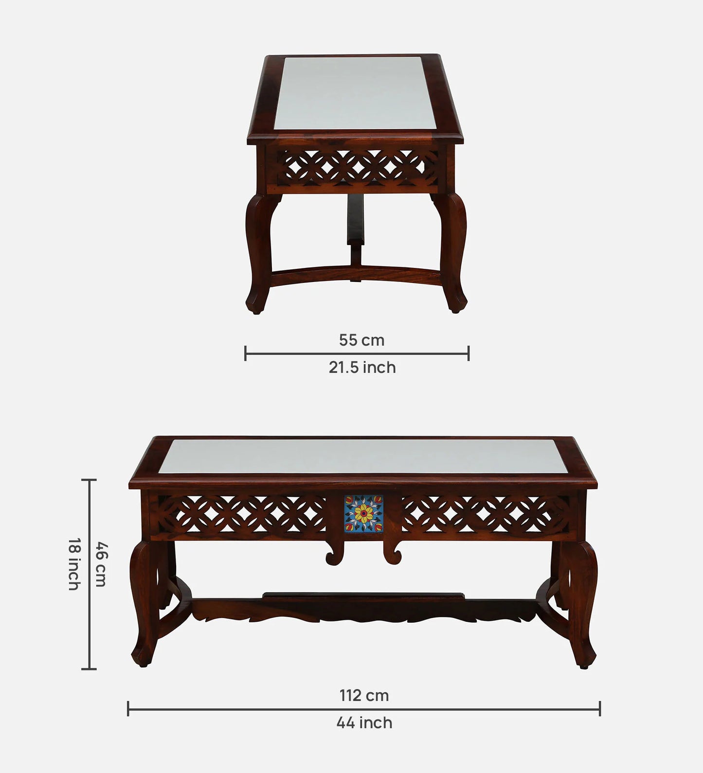 Sheesham Wood Coffee Table In Honey Oak Finish With Porcelain Top