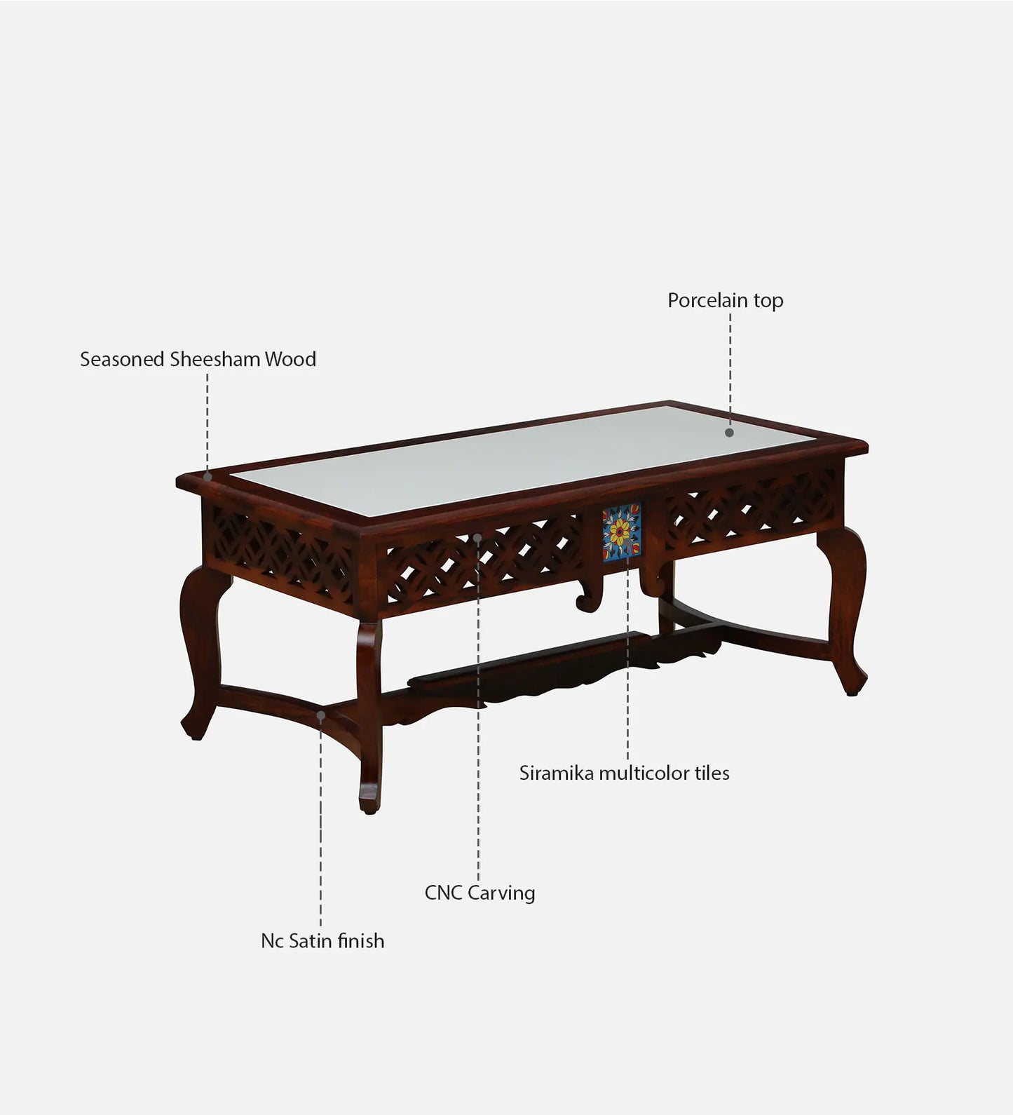 Sheesham Wood Coffee Table In Honey Oak Finish With Porcelain Top